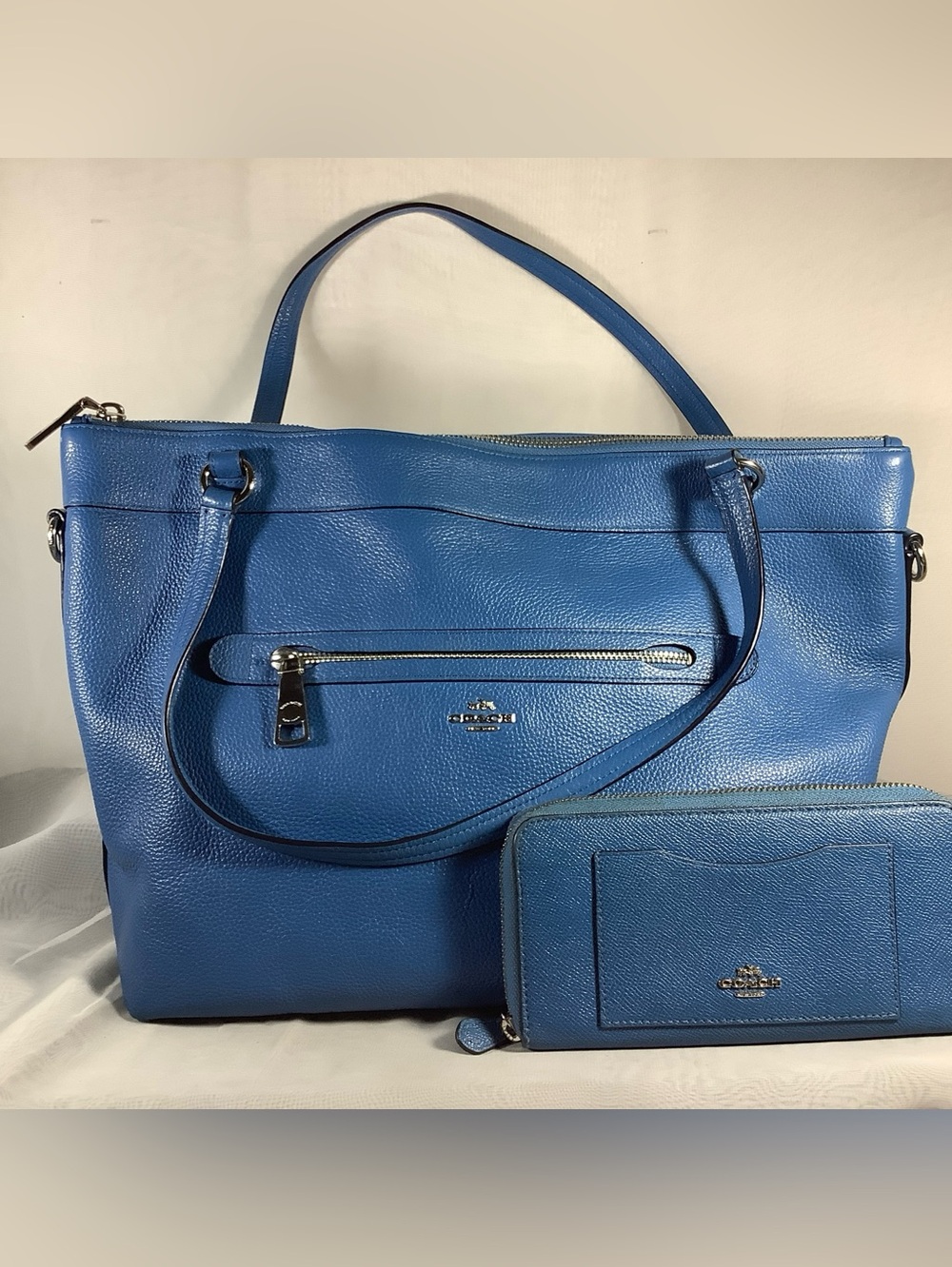 COACH Tyler Pebbled Leather Tote Bag F54687 Blue + Wallet Set